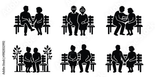 Elderly couple silhouette icons set, senior people sitting on park bench, retired man and woman together, 6 vector elements for healthcare and aging