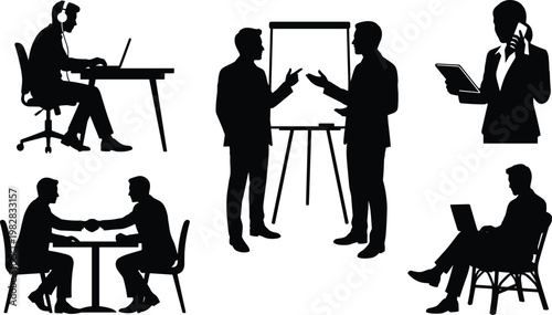 Business professionals working in office, corporate meeting silhouettes, teamwork collaboration, financial advisor consulting, remote work and professional communication concepts.