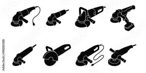 Angle grinder silhouette set, 8 industrial power tool icons, electric disc sander and metal cutting machine vectors for construction and workshop