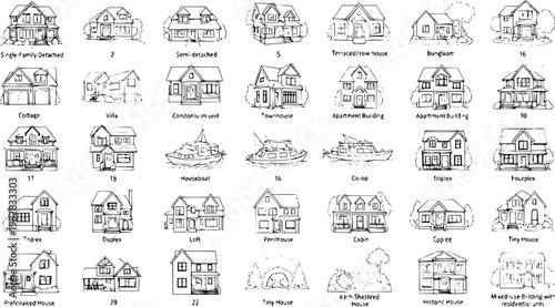 Black and White Line Art Collection of Diverse Residential House Types, Dwellings, and Buildings. Architectural Outline Icons for Real Estate, Home Design, and Property Concepts.