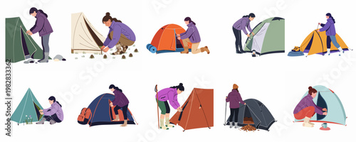 Vector illustration set of women setting up and opening various colorful camping tents for outdoor adventures and hiking trips.