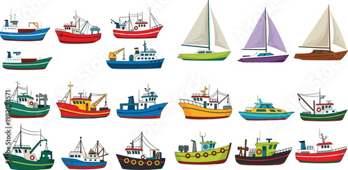 Fishing and Sailing Boat Collection with Various Vessels in Different Colors and Styles for Websites, Apps, and Maritime Designs