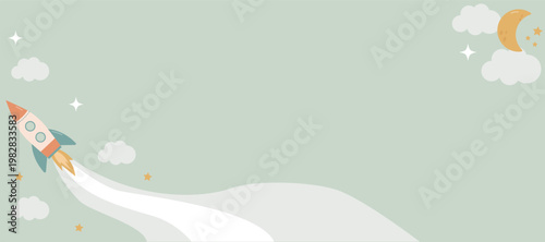 A banner with a blank text field featuring a sky, a rocket, clouds, and stars