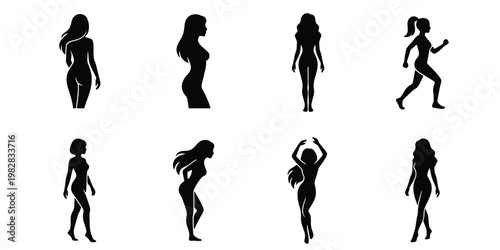 Black female silhouette collection, set of 8 woman body vector icons, athletic and fashion girl figures in various poses for health and beauty design
