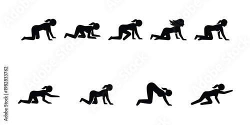 Crawling woman silhouette set, female figure on all fours in various poses, black vector icons of woman moving on hands and knees