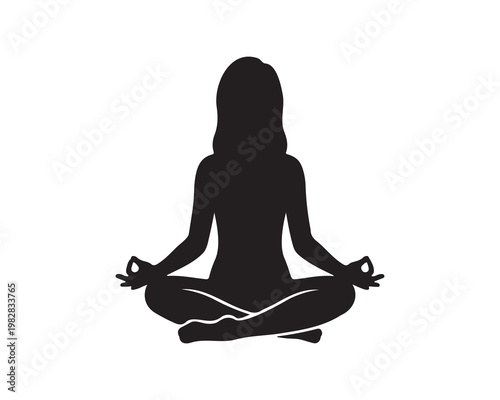 Minimalist blue silhouette of a person sitting cross-legged in meditation pose, hands resting on knees with fingers forming circular gesture, symbolizing calmness, mindfulness, and relaxation, simple 