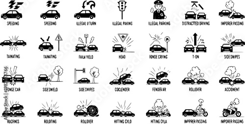 Automotive Road Safety and Traffic Violations Vector Icons Set. Black and White Line Art Glyphs depicting Car Accidents, Crashes, Speeding, Illegal Parking, Distracted Driving,