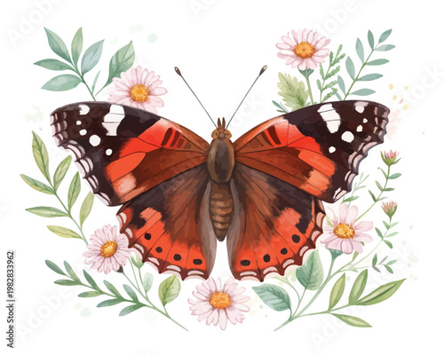 Hand-Painted Red Admiral Butterfly Watercolor, Nature Garden Insect Clipart, Isolated Vector Illustration