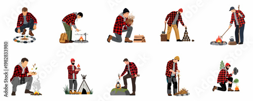 Vector illustration collection of men in red plaid shirts performing various camping and outdoor survival activities like building campfires and gathering wood.