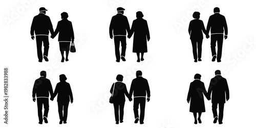 Senior couple silhouettes walking hand in hand, elderly man and woman holding hands vector set, retired people walking together back view
