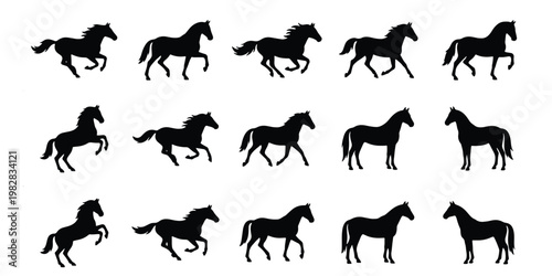 Black horse silhouette collection, 15 stallion vector icons in various poses, running and jumping equine shapes, wild mustang movement set