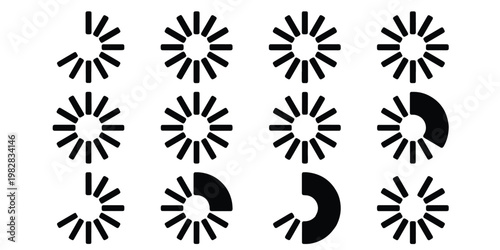Minimalist loading icon set, black circular progress bar vector graphics, 12 buffering and status indicators for web design and app interface