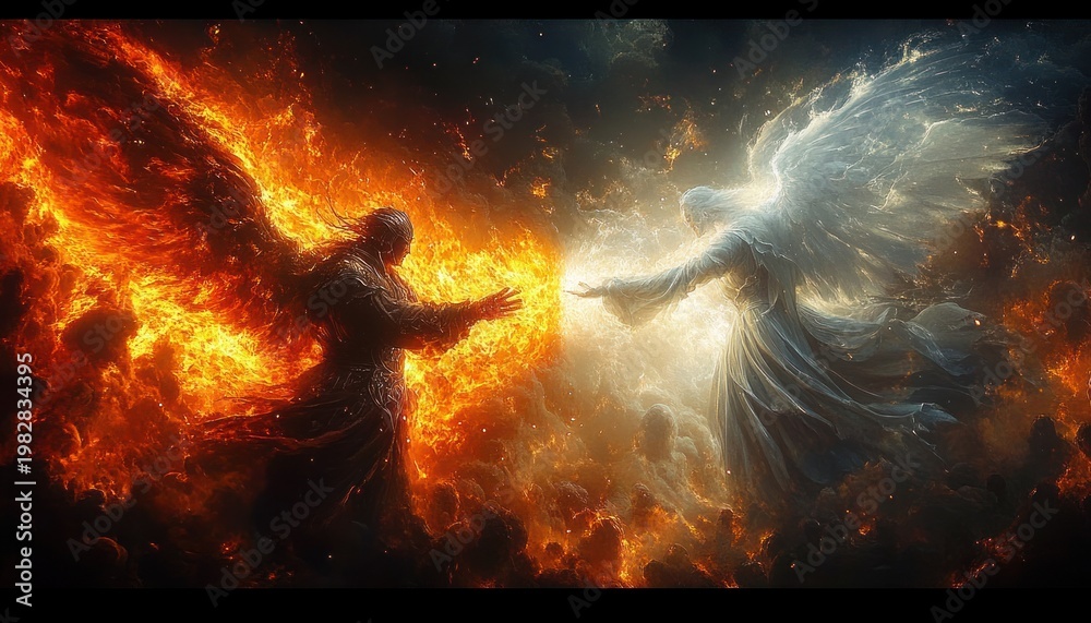 Obraz premium Fiery winged figure and luminous angelic figure reaching toward each other amid swirling flames, smoke, and radiant light in an epic, tense confrontation