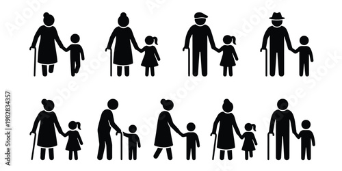 Grandparents and grandchildren silhouette icons, elderly people walking with children vector set, senior citizens with grandkids pictograms