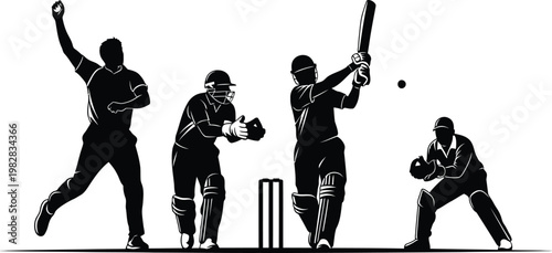 Cricket silhouette batsman bowler and fielders in dynamic action