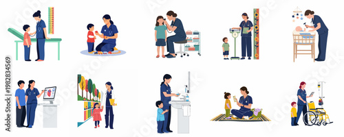 Collection of flat vector illustrations depicting a female pediatrician or nurse interacting with children and infants during medical exams and care sessions.