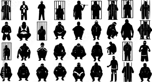 Silhouette collection of male figures, including prisoners, inmates, and individuals in jail, depicted standing, squatting, and behind bars, illustrating themes of crime, justice, and confinement.