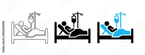 Patient in Hospital Bed with IV Drip Infusion Minimalist Vector Icon Set for Medical Healthcare