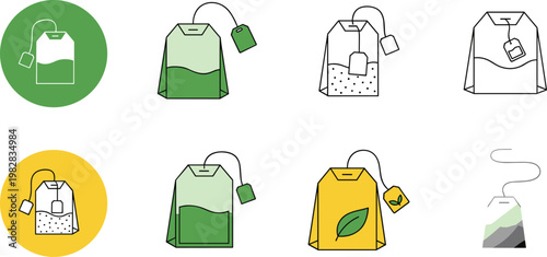 Tea Bag Illustration Set with Green Tea, Herbal, and Loose Leaf Tea Designs for Food, Beverage, and Wellness Graphics