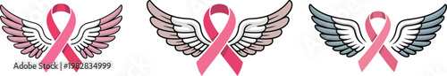 Breast Cancer Awareness Pink Ribbon with Angel Wings Vector Set for Hope and Support Concept, Pink Ribbon Illustration with Wings for Breast Cancer Survivor and Memorial Tribute Graphic, Vector Design