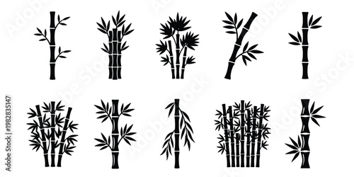 Zen bamboo silhouette icons, set of 10 black tropical plant vector elements, minimalist bamboo stalks and leaves for spa and wellness branding