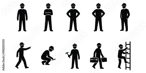 Construction worker icon set, industrial labor pictograms with 10 black silhouettes, builder and engineer figures in hard hats for safety signage