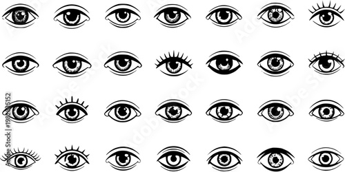 Diverse vector black and white line art eye collection, featuring outline illustrations of human vision, perception, mystic, and symbolic graphic design elements.