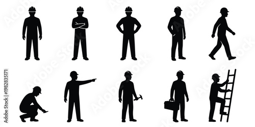 Construction worker silhouettes set, industrial builder icons in various poses, black vector figures of engineers and laborers wearing hard hats