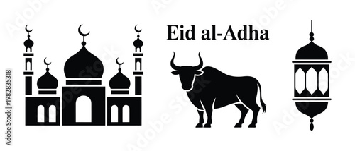 Eid alAdha celebration with mosque and bull illustration, vector