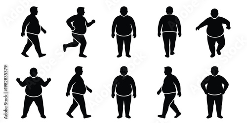 Overweight man silhouette collection, set of 10 obese male figures in various poses, fat person walking and running vector icons for health infographics