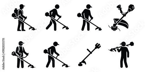 Lawn trimmer operator silhouette icons, professional gardener using brush cutter, set of 8 landscaping worker vector elements for garden maintenance