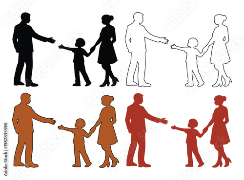 Family Silhouettes Vector Set, diverse parent and child figures, black and brown outlines, modern graphic resource for social issues and lifestyle designs