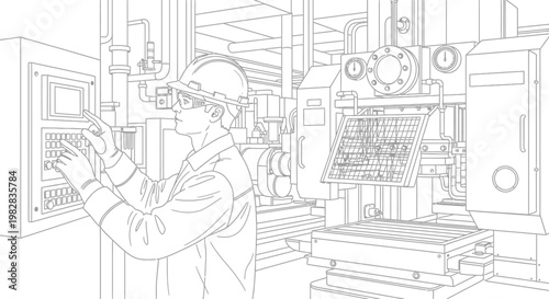 Man working on industrial machine in factory.