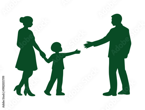 Family separation vector silhouette, child reaching for father, mother holding child's hand, green human figures on white background, custody dispute illustration