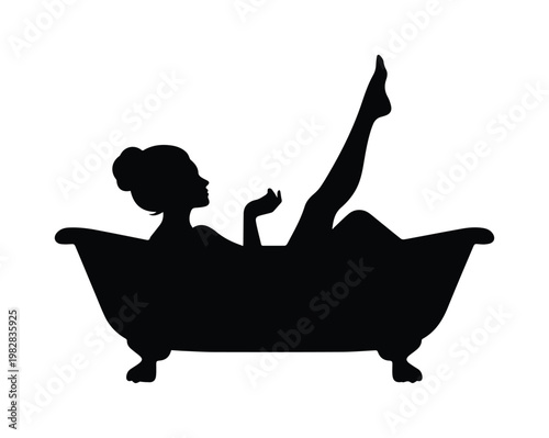 Elegant woman silhouette in a classic bathtub, black vector illustration, luxurious spa and self-care concept, feminine beauty and relaxation design element