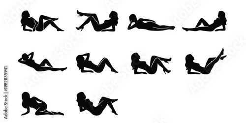Sensual woman silhouette collection, 10 vector elements of reclining female figures, elegant lady in seductive poses, black body shapes on white background