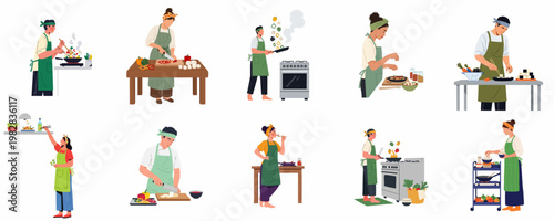 Collection of Various People Cooking and Preparing Healthy Meals in a Flat Vector Illustration Style
