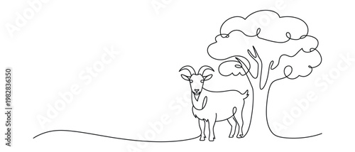 Goat standing under a tree in nature, vector illustration