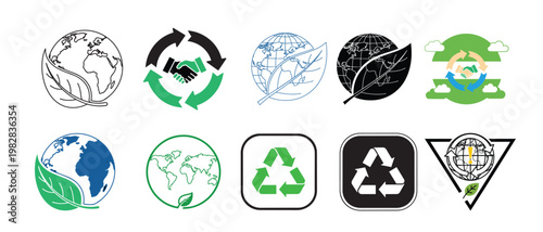 Collection of ecofriendly and sustainability icons representing global conservation efforts