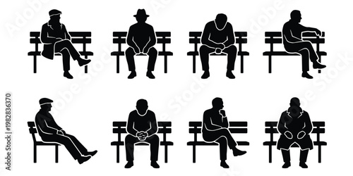 Black silhouette people sitting on park benches, collection of 8 male figures resting on outdoor seats, urban street furniture vector set