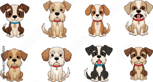 Set of Eight Cute Cartoon Dog Characters in Sitting Poses Featuring Various Breeds with Colorful Collars for Pet Shop Branding and Veterinary Design Projects