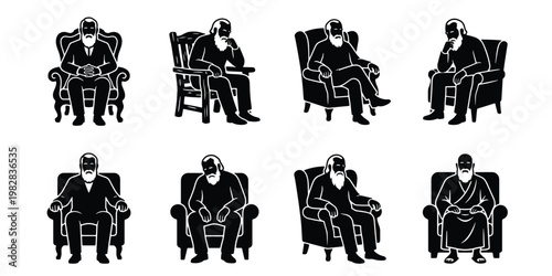 Vintage elderly man silhouette set, 8 icons of senior male sitting in armchair, old man resting in furniture, black and white vector graphics