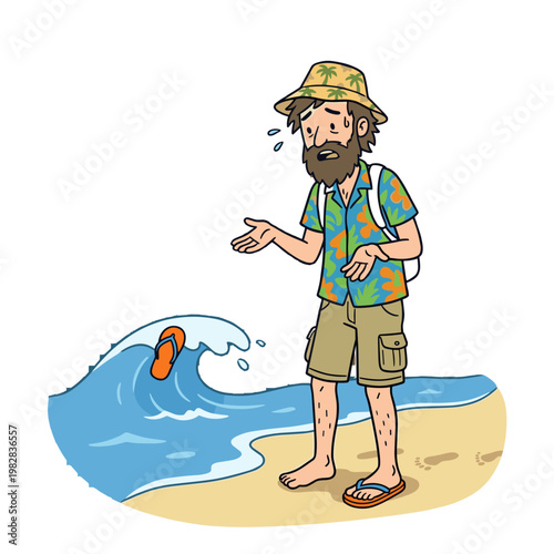 Confused Tourist on Beach Cartoon Funny Travel Character Illustration