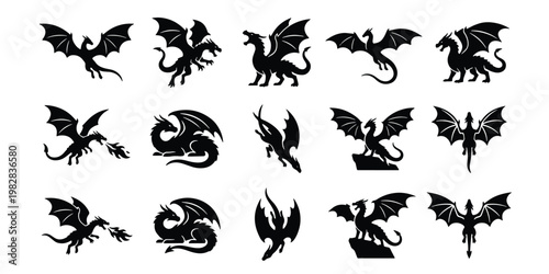 Mythical dragon silhouettes set, 15 black fantasy creature icons, flying fire breathing dragon vector illustrations, medieval monster graphic elements