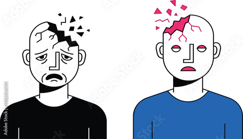Mental Health Concept Illustration Featuring Stress, Depression, Headache, and Broken Mind Symbolism with Cracked Head and Emotional Pain in Minimal Flat Vector Style.