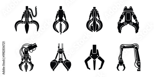 Industrial robotic claw icons set, mechanical crane grabber vector elements, 8 heavy machinery hydraulic gripper silhouettes for construction and recycling