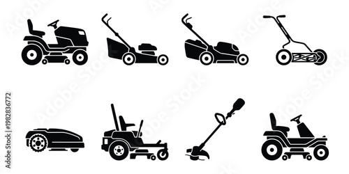 Lawn mower icon set with 8 vector silhouettes, professional garden equipment collection, black lawnmower machinery for landscaping and yard care