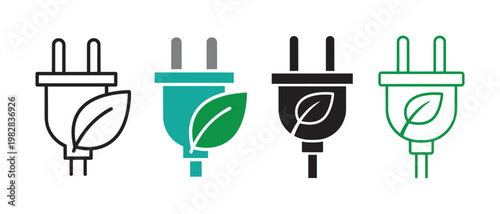 Collection of stylized electrical plugs with green leaves symbolizing ecofriendly energy and sustainability