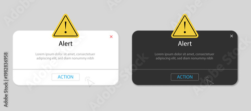 Alert notification window Warning message box in light and dark themes with alert title, text and action button. User interface.