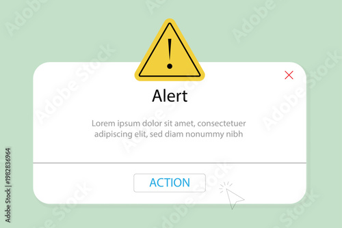 Alert notification Warning message box with alert title, informational text and action button. Computer interface element.